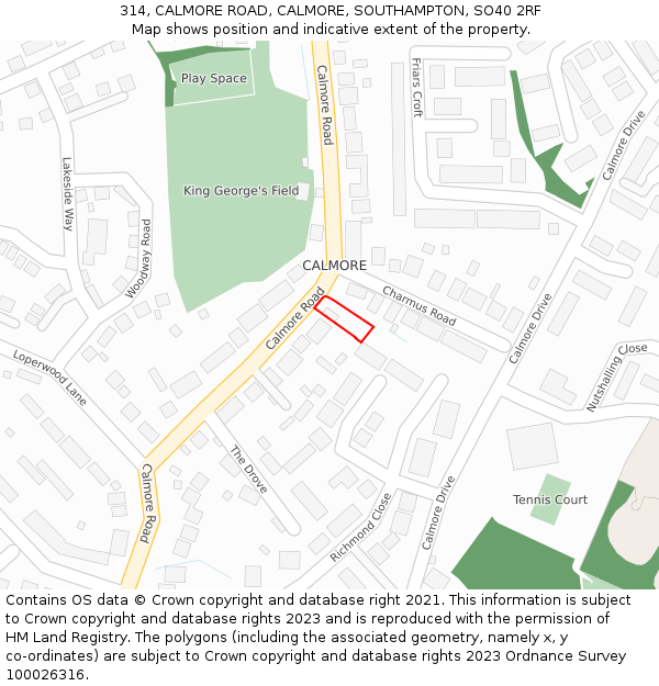314, CALMORE ROAD, CALMORE, SOUTHAMPTON, SO40 2RF: Location map and indicative extent of plot