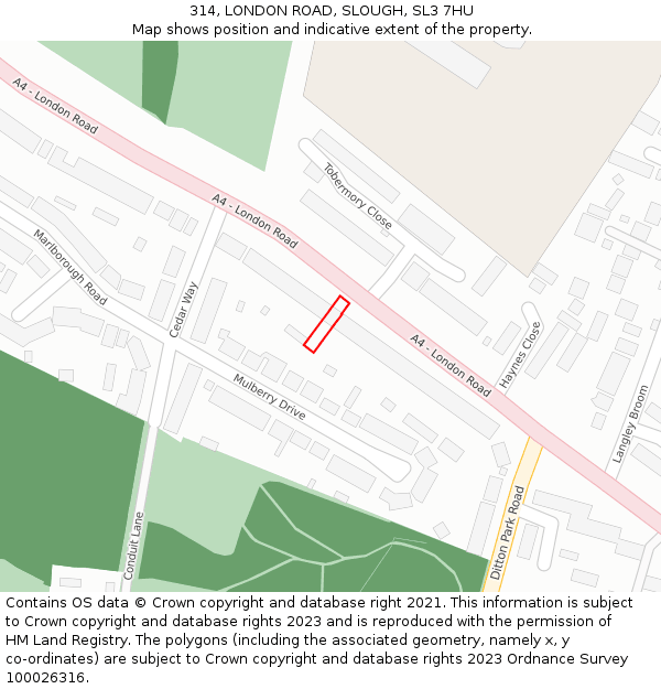 314, LONDON ROAD, SLOUGH, SL3 7HU: Location map and indicative extent of plot