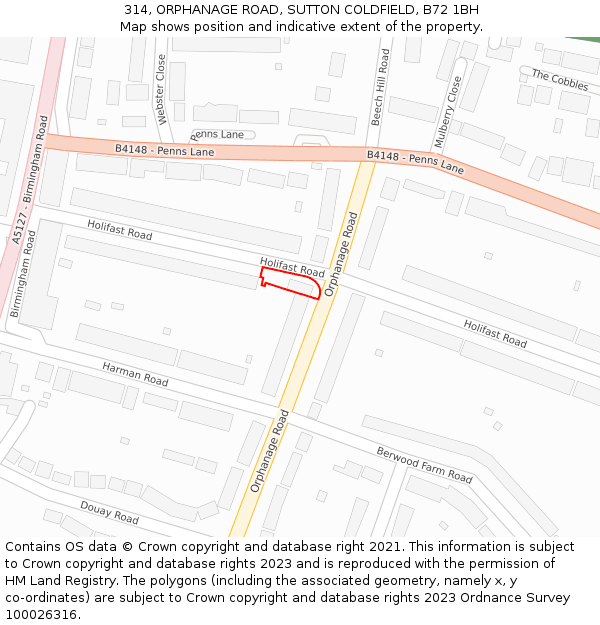 314, ORPHANAGE ROAD, SUTTON COLDFIELD, B72 1BH: Location map and indicative extent of plot