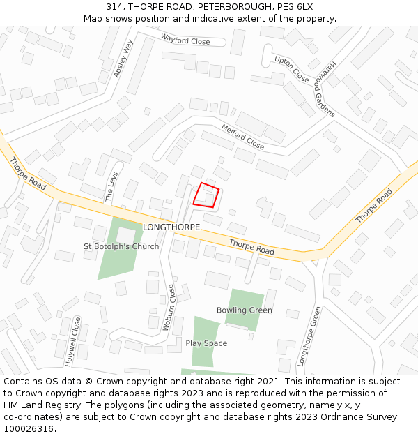 314, THORPE ROAD, PETERBOROUGH, PE3 6LX: Location map and indicative extent of plot