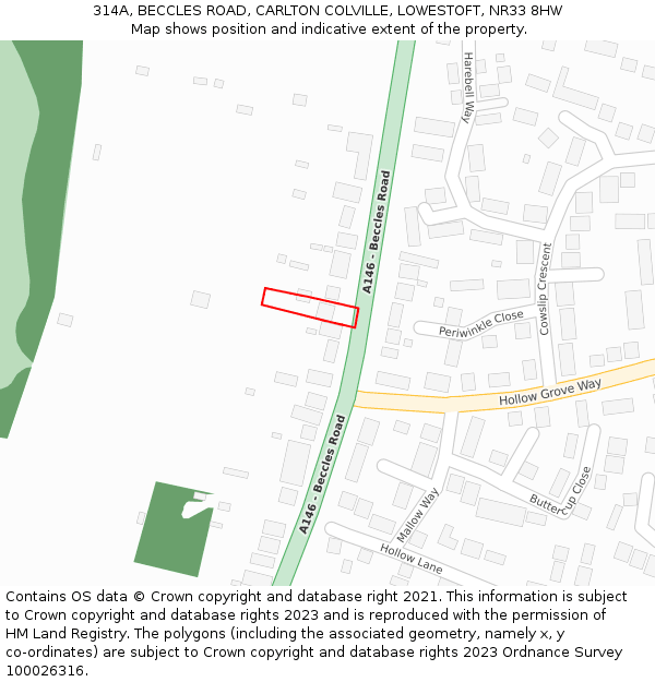 314A, BECCLES ROAD, CARLTON COLVILLE, LOWESTOFT, NR33 8HW: Location map and indicative extent of plot