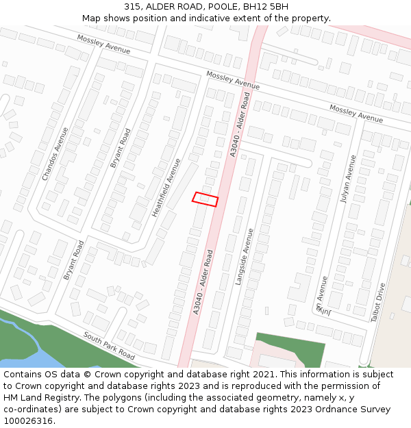 315, ALDER ROAD, POOLE, BH12 5BH: Location map and indicative extent of plot