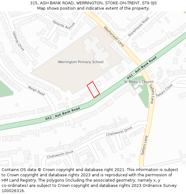 315, ASH BANK ROAD, WERRINGTON, STOKE-ON-TRENT, ST9 0JS: Location map and indicative extent of plot