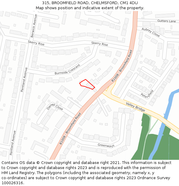 315, BROOMFIELD ROAD, CHELMSFORD, CM1 4DU: Location map and indicative extent of plot