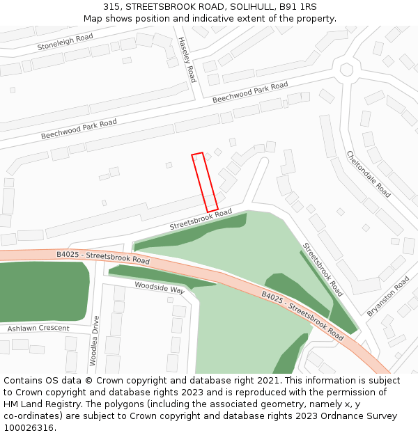 315, STREETSBROOK ROAD, SOLIHULL, B91 1RS: Location map and indicative extent of plot