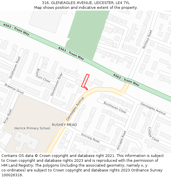 316, GLENEAGLES AVENUE, LEICESTER, LE4 7YL: Location map and indicative extent of plot