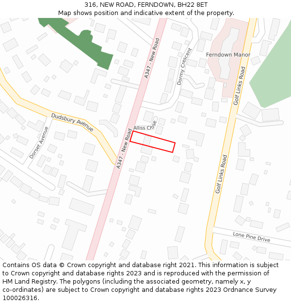 316, NEW ROAD, FERNDOWN, BH22 8ET: Location map and indicative extent of plot