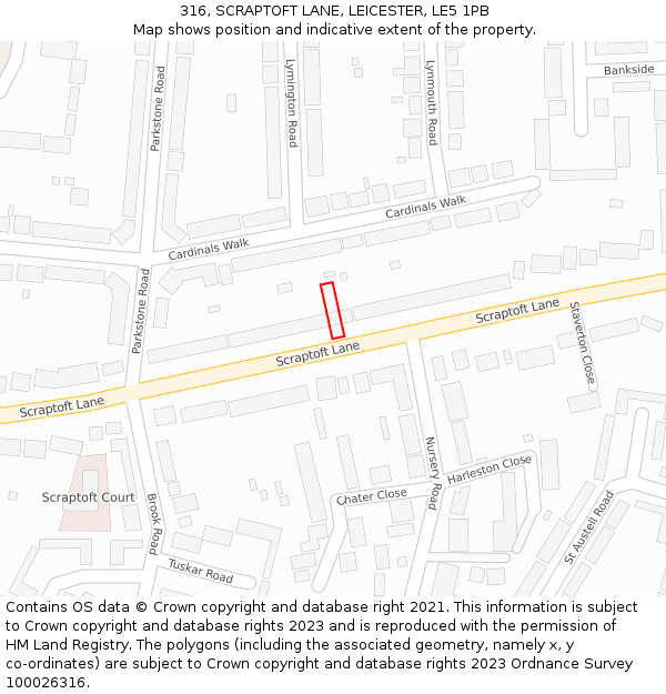 316, SCRAPTOFT LANE, LEICESTER, LE5 1PB: Location map and indicative extent of plot