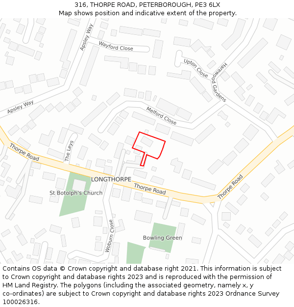 316, THORPE ROAD, PETERBOROUGH, PE3 6LX: Location map and indicative extent of plot