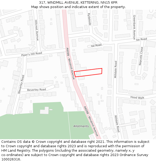317, WINDMILL AVENUE, KETTERING, NN15 6PR: Location map and indicative extent of plot
