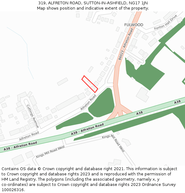 319, ALFRETON ROAD, SUTTON-IN-ASHFIELD, NG17 1JN: Location map and indicative extent of plot