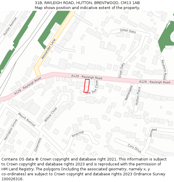 31B, RAYLEIGH ROAD, HUTTON, BRENTWOOD, CM13 1AB: Location map and indicative extent of plot