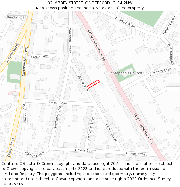 32, ABBEY STREET, CINDERFORD, GL14 2NW: Location map and indicative extent of plot