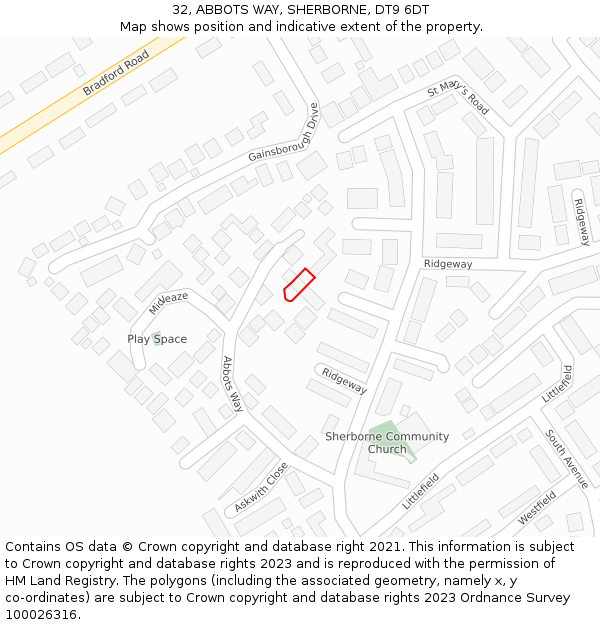 32, ABBOTS WAY, SHERBORNE, DT9 6DT: Location map and indicative extent of plot