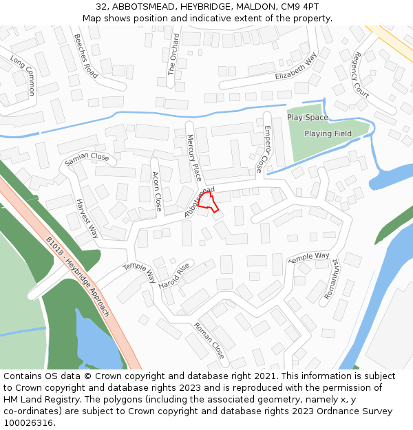 32, ABBOTSMEAD, HEYBRIDGE, MALDON, CM9 4PT: Location map and indicative extent of plot