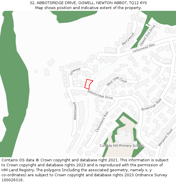 32, ABBOTSRIDGE DRIVE, OGWELL, NEWTON ABBOT, TQ12 6YS: Location map and indicative extent of plot