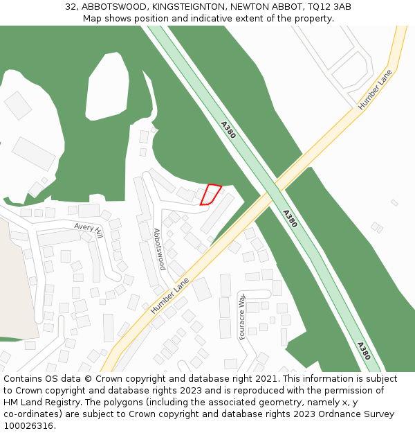 32, ABBOTSWOOD, KINGSTEIGNTON, NEWTON ABBOT, TQ12 3AB: Location map and indicative extent of plot