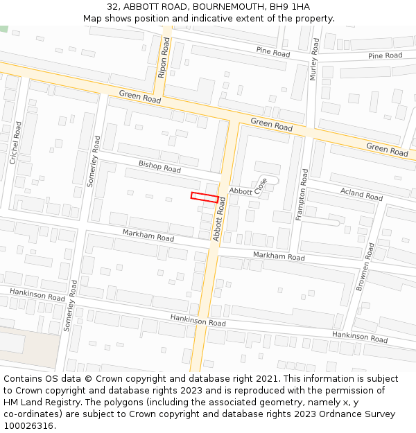 32, ABBOTT ROAD, BOURNEMOUTH, BH9 1HA: Location map and indicative extent of plot