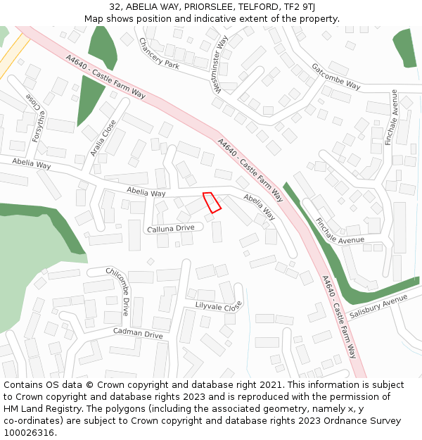 32, ABELIA WAY, PRIORSLEE, TELFORD, TF2 9TJ: Location map and indicative extent of plot