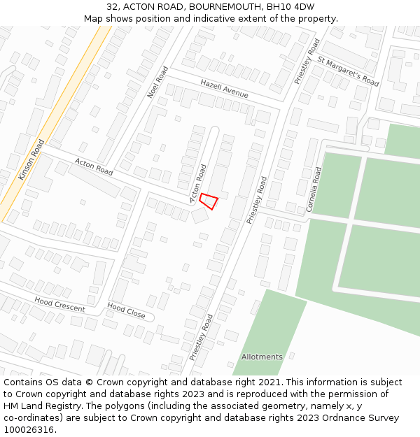 32, ACTON ROAD, BOURNEMOUTH, BH10 4DW: Location map and indicative extent of plot