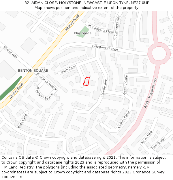 32, AIDAN CLOSE, HOLYSTONE, NEWCASTLE UPON TYNE, NE27 0UP: Location map and indicative extent of plot