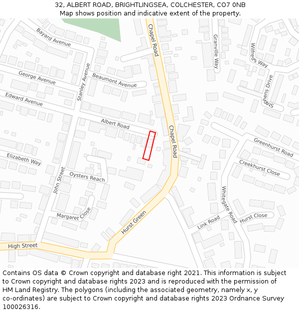 32, ALBERT ROAD, BRIGHTLINGSEA, COLCHESTER, CO7 0NB: Location map and indicative extent of plot