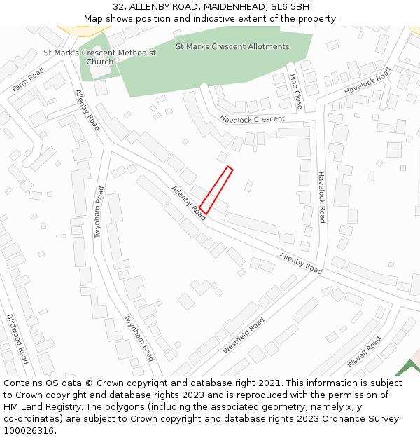 32, ALLENBY ROAD, MAIDENHEAD, SL6 5BH: Location map and indicative extent of plot