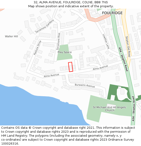 32, ALMA AVENUE, FOULRIDGE, COLNE, BB8 7NS: Location map and indicative extent of plot