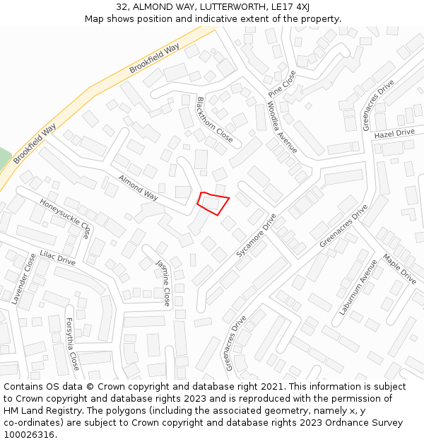 32, ALMOND WAY, LUTTERWORTH, LE17 4XJ: Location map and indicative extent of plot