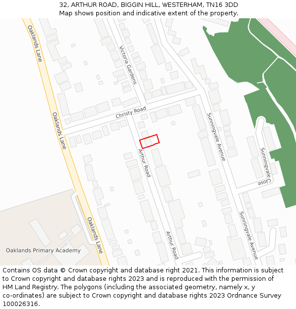 32, ARTHUR ROAD, BIGGIN HILL, WESTERHAM, TN16 3DD: Location map and indicative extent of plot