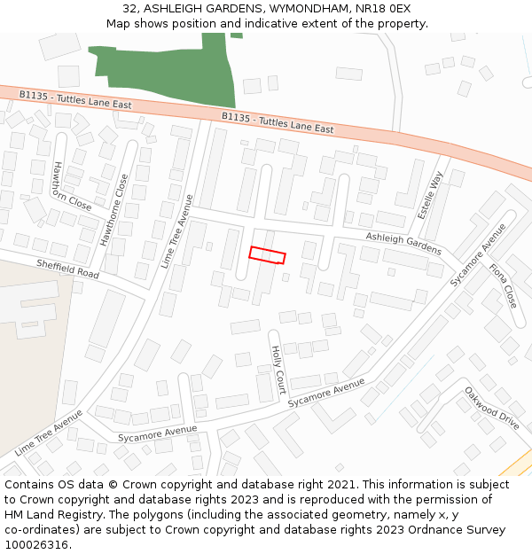 32, ASHLEIGH GARDENS, WYMONDHAM, NR18 0EX: Location map and indicative extent of plot