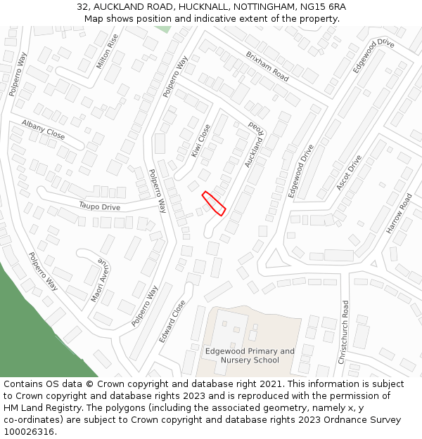 32, AUCKLAND ROAD, HUCKNALL, NOTTINGHAM, NG15 6RA: Location map and indicative extent of plot