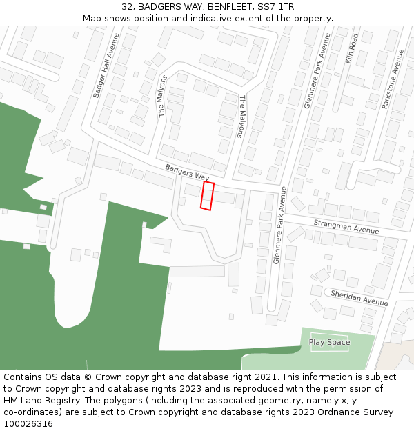 32, BADGERS WAY, BENFLEET, SS7 1TR: Location map and indicative extent of plot
