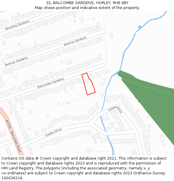 32, BALCOMBE GARDENS, HORLEY, RH6 9BY: Location map and indicative extent of plot