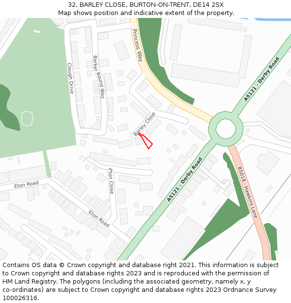 32, BARLEY CLOSE, BURTON-ON-TRENT, DE14 2SX: Location map and indicative extent of plot