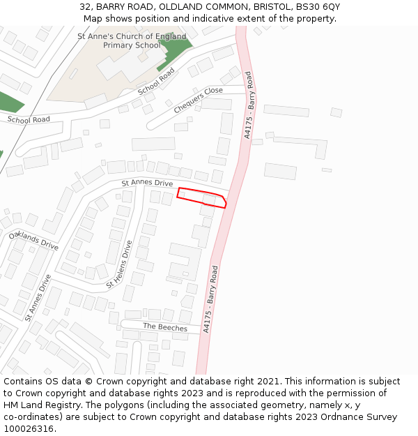 32, BARRY ROAD, OLDLAND COMMON, BRISTOL, BS30 6QY: Location map and indicative extent of plot