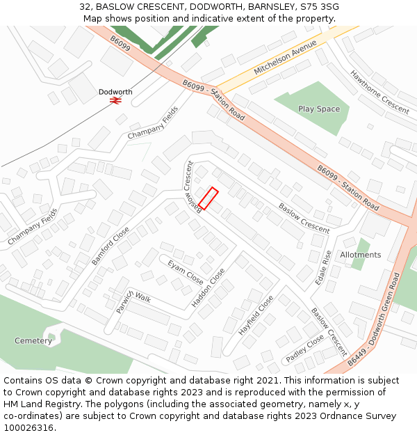 32, BASLOW CRESCENT, DODWORTH, BARNSLEY, S75 3SG: Location map and indicative extent of plot