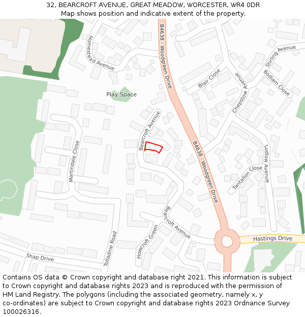32, BEARCROFT AVENUE, GREAT MEADOW, WORCESTER, WR4 0DR: Location map and indicative extent of plot