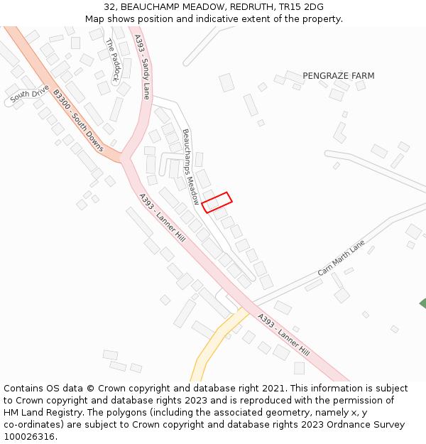 32, BEAUCHAMP MEADOW, REDRUTH, TR15 2DG: Location map and indicative extent of plot