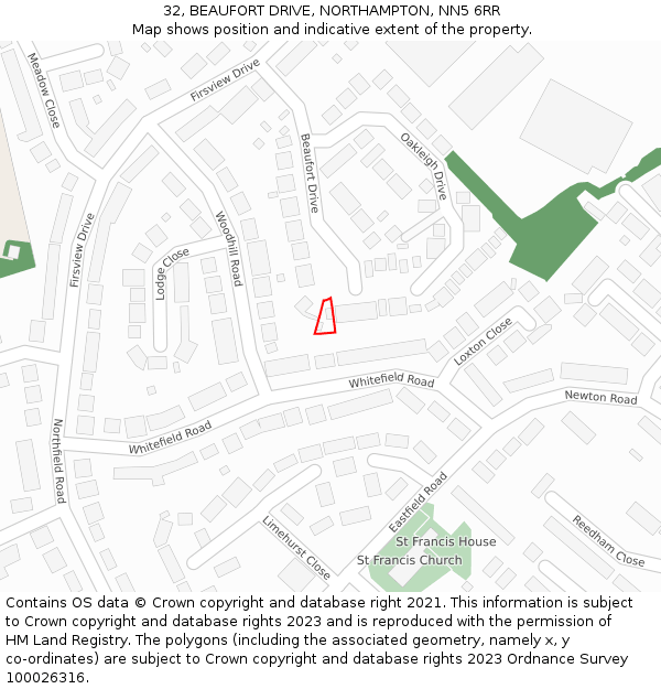 32, BEAUFORT DRIVE, NORTHAMPTON, NN5 6RR: Location map and indicative extent of plot