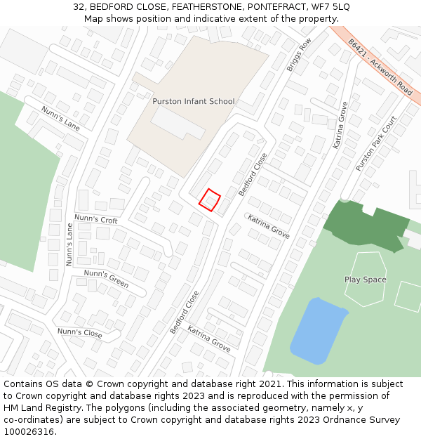 32, BEDFORD CLOSE, FEATHERSTONE, PONTEFRACT, WF7 5LQ: Location map and indicative extent of plot