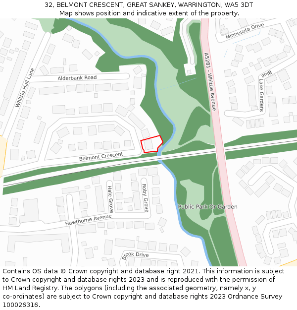 32, BELMONT CRESCENT, GREAT SANKEY, WARRINGTON, WA5 3DT: Location map and indicative extent of plot