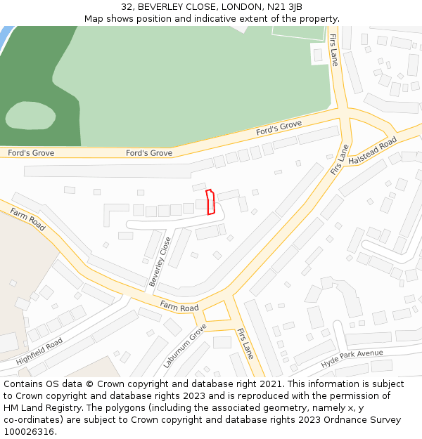 32, BEVERLEY CLOSE, LONDON, N21 3JB: Location map and indicative extent of plot