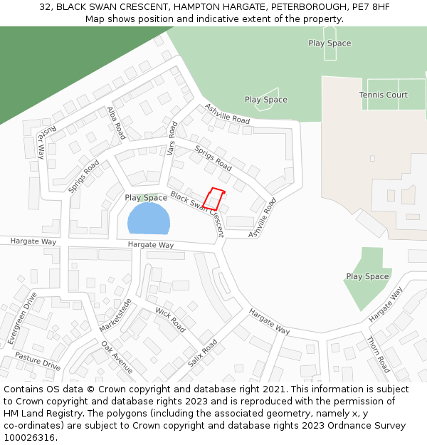 32, BLACK SWAN CRESCENT, HAMPTON HARGATE, PETERBOROUGH, PE7 8HF: Location map and indicative extent of plot