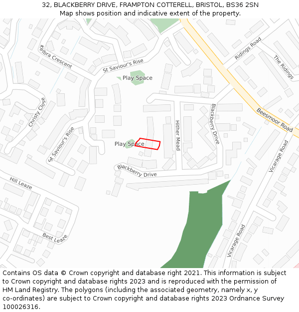 32, BLACKBERRY DRIVE, FRAMPTON COTTERELL, BRISTOL, BS36 2SN: Location map and indicative extent of plot