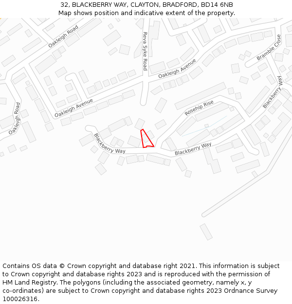 32, BLACKBERRY WAY, CLAYTON, BRADFORD, BD14 6NB: Location map and indicative extent of plot