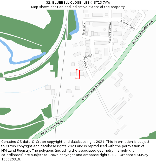32, BLUEBELL CLOSE, LEEK, ST13 7AW: Location map and indicative extent of plot