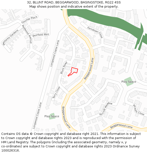 32, BLUNT ROAD, BEGGARWOOD, BASINGSTOKE, RG22 4SS: Location map and indicative extent of plot