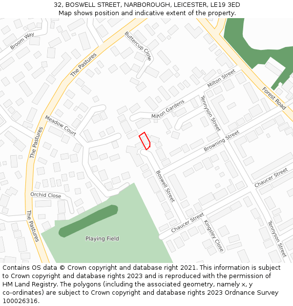 32, BOSWELL STREET, NARBOROUGH, LEICESTER, LE19 3ED: Location map and indicative extent of plot