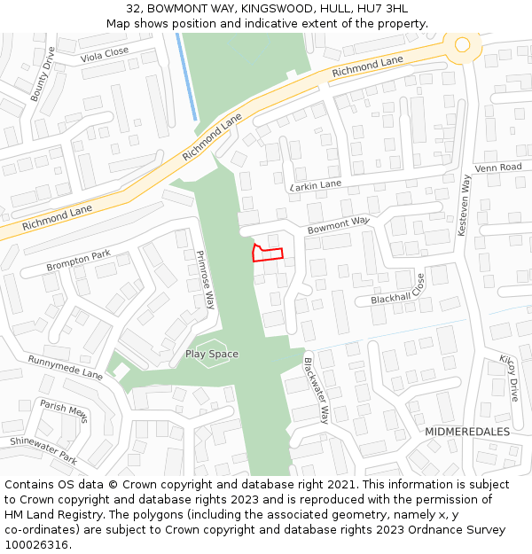 32, BOWMONT WAY, KINGSWOOD, HULL, HU7 3HL: Location map and indicative extent of plot